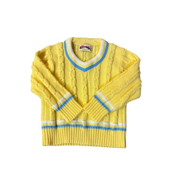 Vintage Mimi Sweater Little Boys 3 Yellow Blue White Cable Knit V-Neck Used - Picture 1 of 11